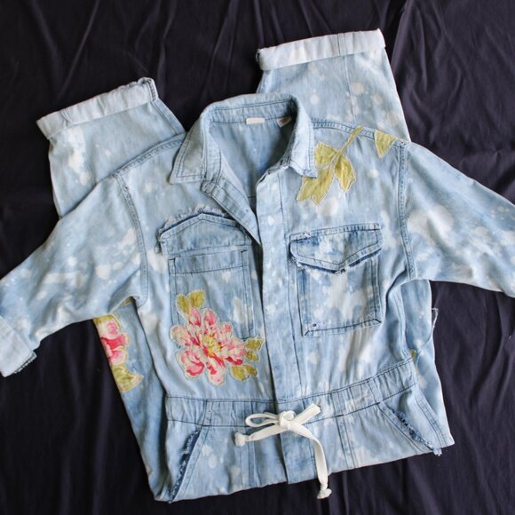 LEVI'S patchwork Redone embroidered hippie denim jeans Boiler Suit jumpsuit S - Picture 4 of 11